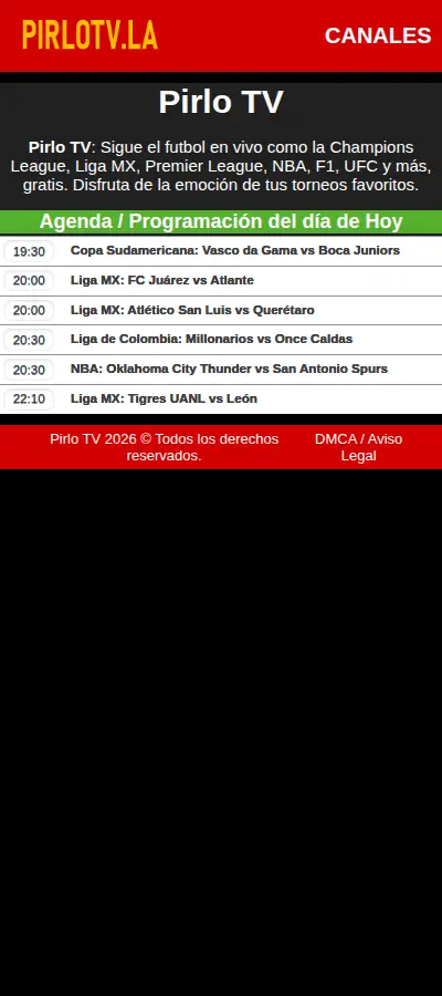 The Pirlo TV daily agenda page: the red masthead, the green Agenda bar, and timed matches including Copa Sudamericana, Liga MX, Liga de Colombia and an NBA game The Pirlo TV daily agenda page: the red masthead, the green Agenda bar, and timed matches including Copa Sudamericana, Liga MX, Liga de Colombia and an NBA game