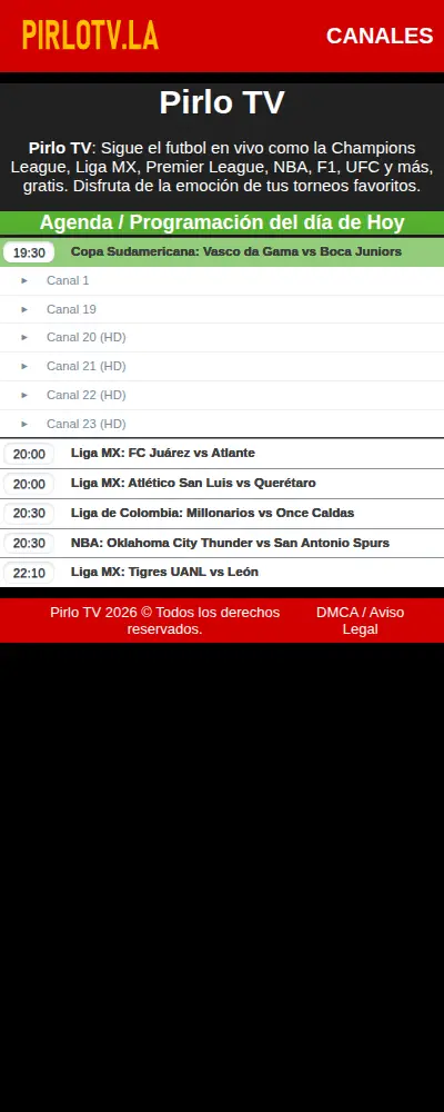 A Pirlo TV agenda match expanded into its channel links: Canal 1, Canal 19, Canal 20 HD, Canal 21 HD, Canal 22 HD and Canal 23 HD A Pirlo TV agenda match expanded into its channel links: Canal 1, Canal 19, Canal 20 HD, Canal 21 HD, Canal 22 HD and Canal 23 HD